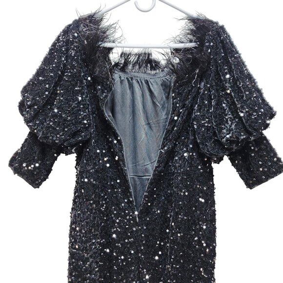 Vintage Black Sequined Dress With Puff Sleeves & Feather Trim Size XL - Picture 9 of 10